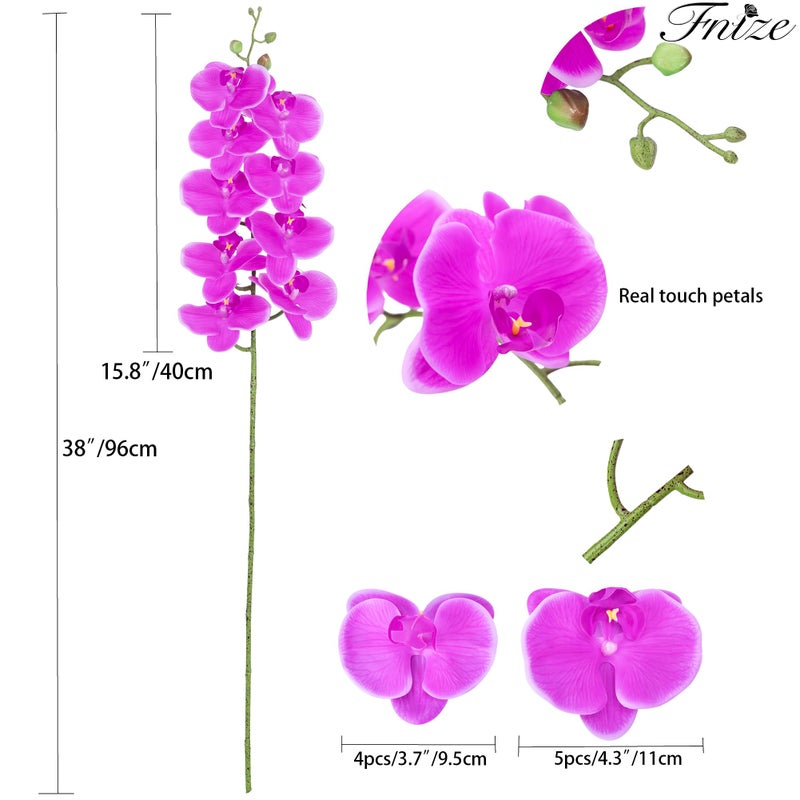 Fnize Artificial Orchid Stems Real Touch Latex Phalaenopsis Branches Faux Cymbidium Flowers 9 Large Petals 38 Inches 2pcs (Rose red) - Image 2
